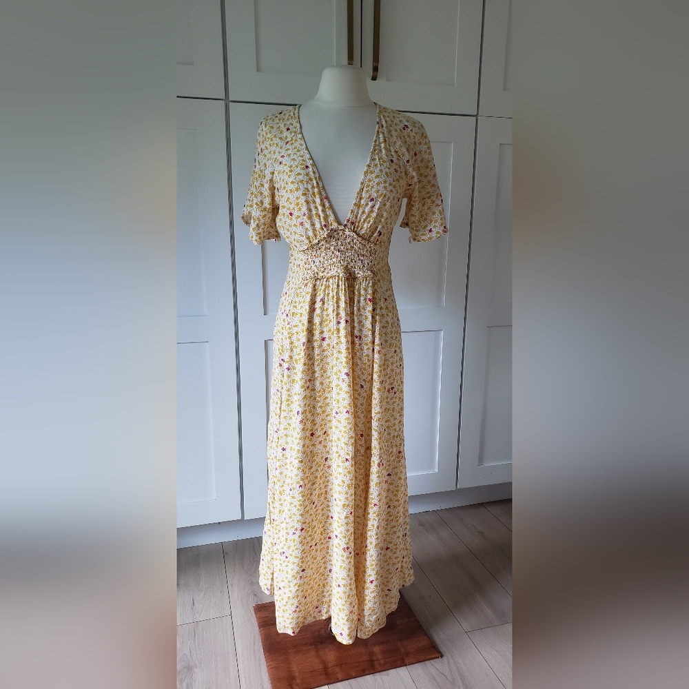 Free People In Full Bloom Dress S Fit Flare Babydoll Midi Soft Butter Plunging V